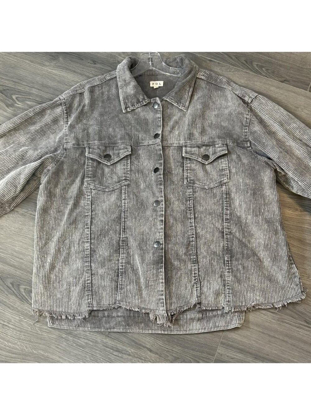 POL Jacket Womens 3XL Gray Ombre Corduroy Striped Raw Fringe Hem Shacket Button